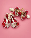 Set de zapatitos y banda rojo con rositas rojas para recién nacida | JR Baby Center