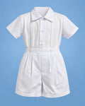 Conjunto de bautizo de camisa con cuello clásico y short blanco para niño, vista de frente | JR Baby Center
