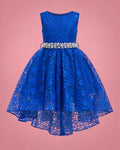 Vestido azul de encaje para niña, vista de frente | JR Baby Center