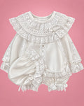 Conjunto de bautizo blanco con cuello de encaje y gorrito para bebé niña, set completo | JR Baby Center