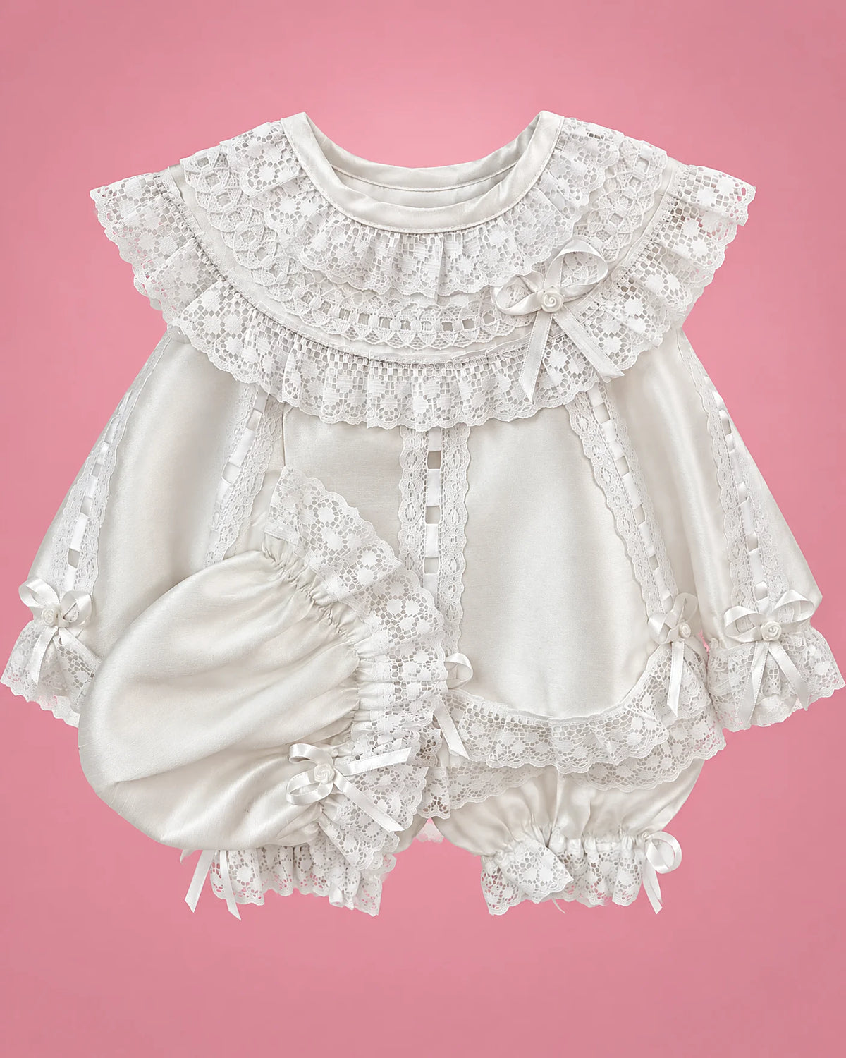 Conjunto de bautizo blanco con cuello de encaje y gorrito para bebé niña, set completo | JR Baby Center
