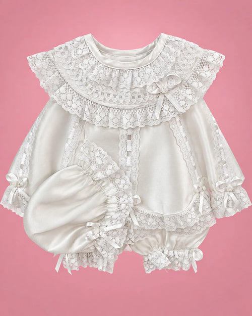 Conjunto de bautizo blanco con cuello de encaje y gorrito para bebé niña, set completo | JR Baby Center