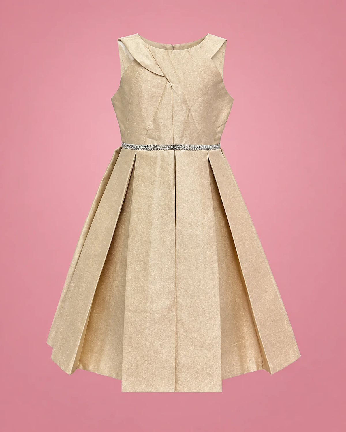 Vestido beige satinado para niña, vista de frente | JR Baby Center