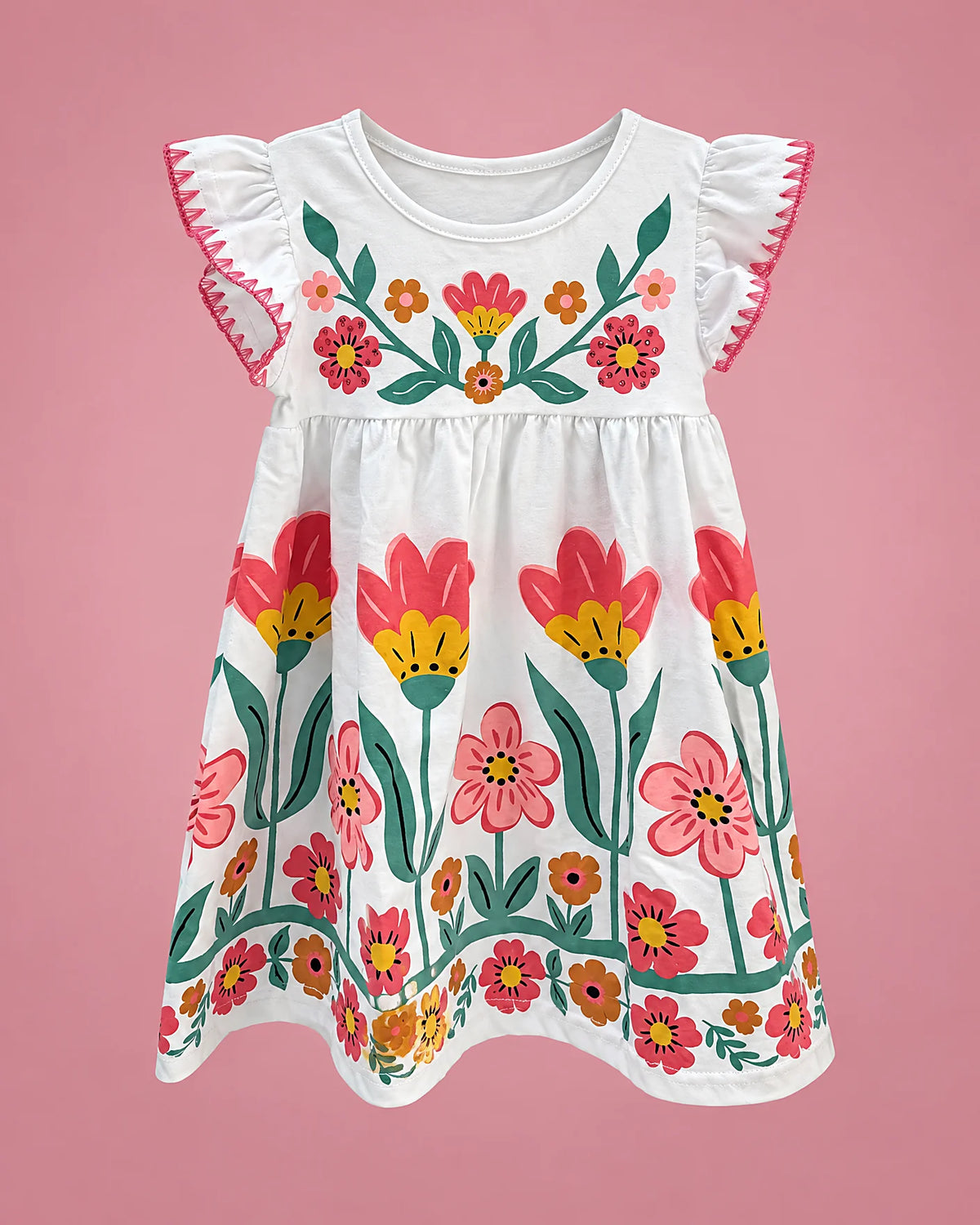 Vestido blanco con tulipanes y flores de colores para niña, vista de frente | JR Baby Center