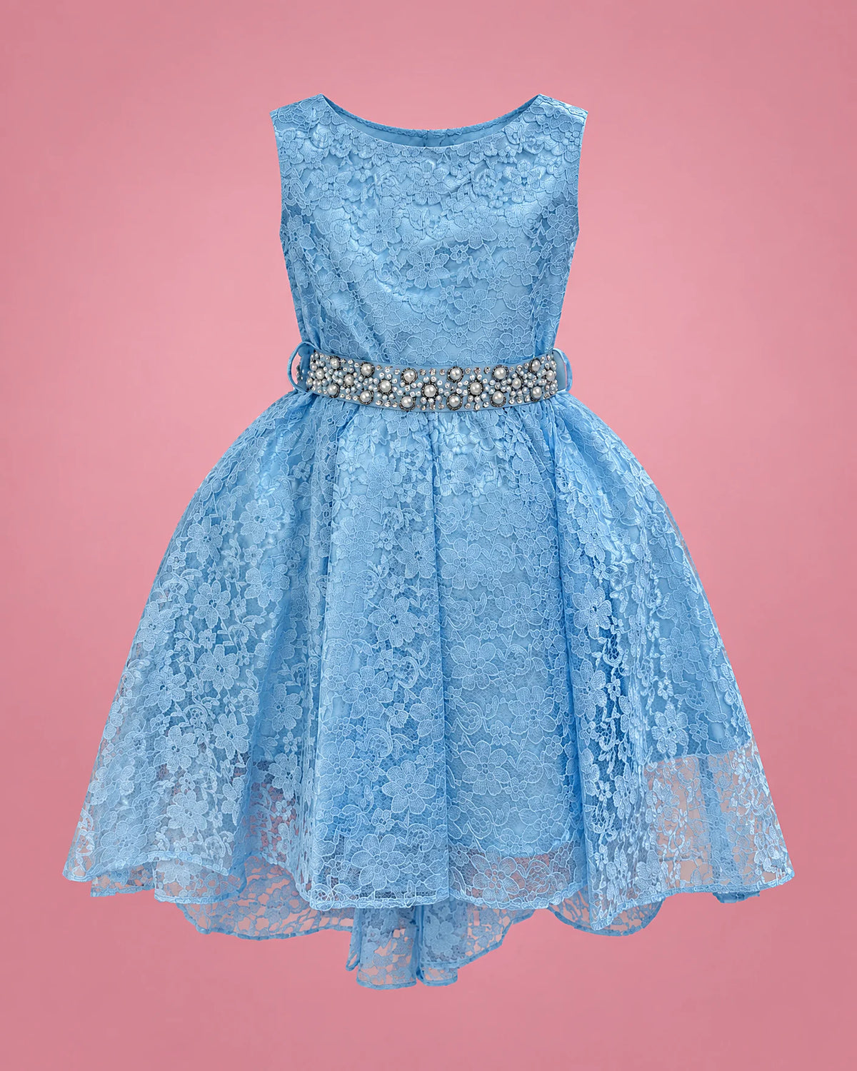 Vestido celeste de encaje para niña, vista de frente | JR Baby Center