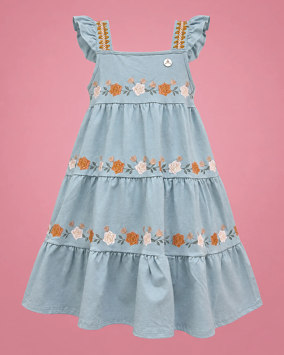 Vestido celeste con flores bordadas naranja y crema en capas para niña, vista de frente | JR Baby Center