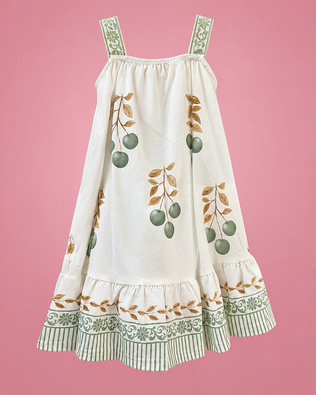 Vestido blanco con frutos verdes y hojas doradas para niña, vista de espalda | JR Baby Center