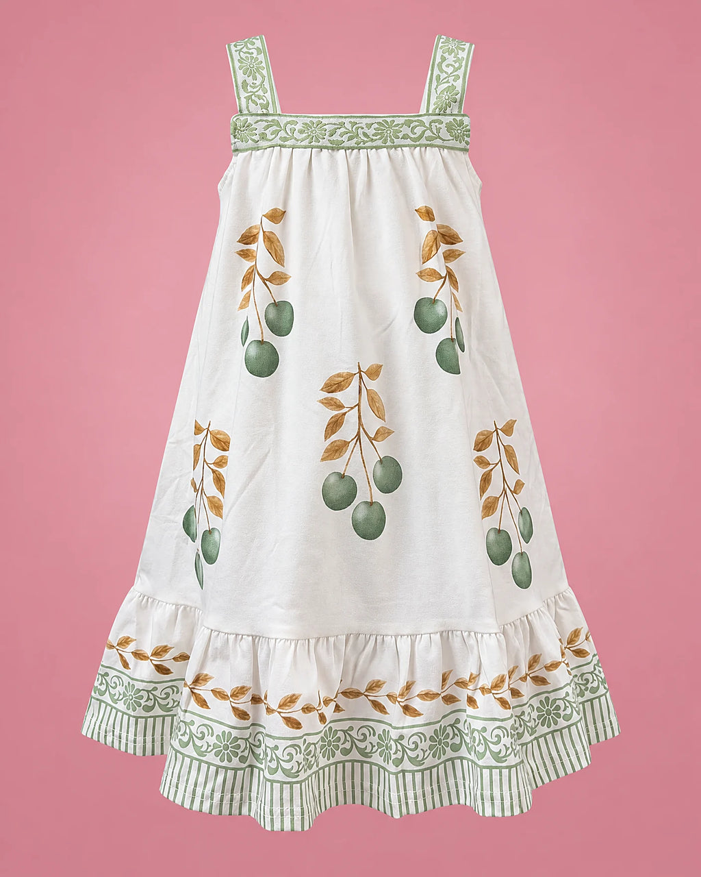 Vestido blanco con frutos verdes y hojas doradas para niña, vista de frente | JR Baby Center