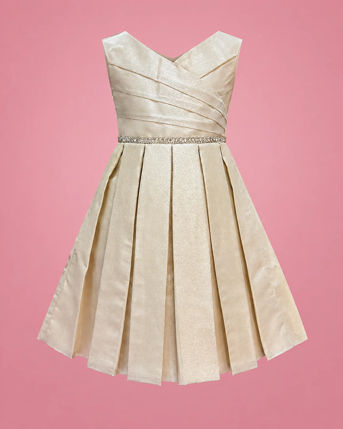 Vestido crema satinado para niña, vista de frente | JR Baby Center