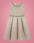 Vestido champán con textura de rombos y cuello de brillos para niña, vista de frente | JR Baby Center