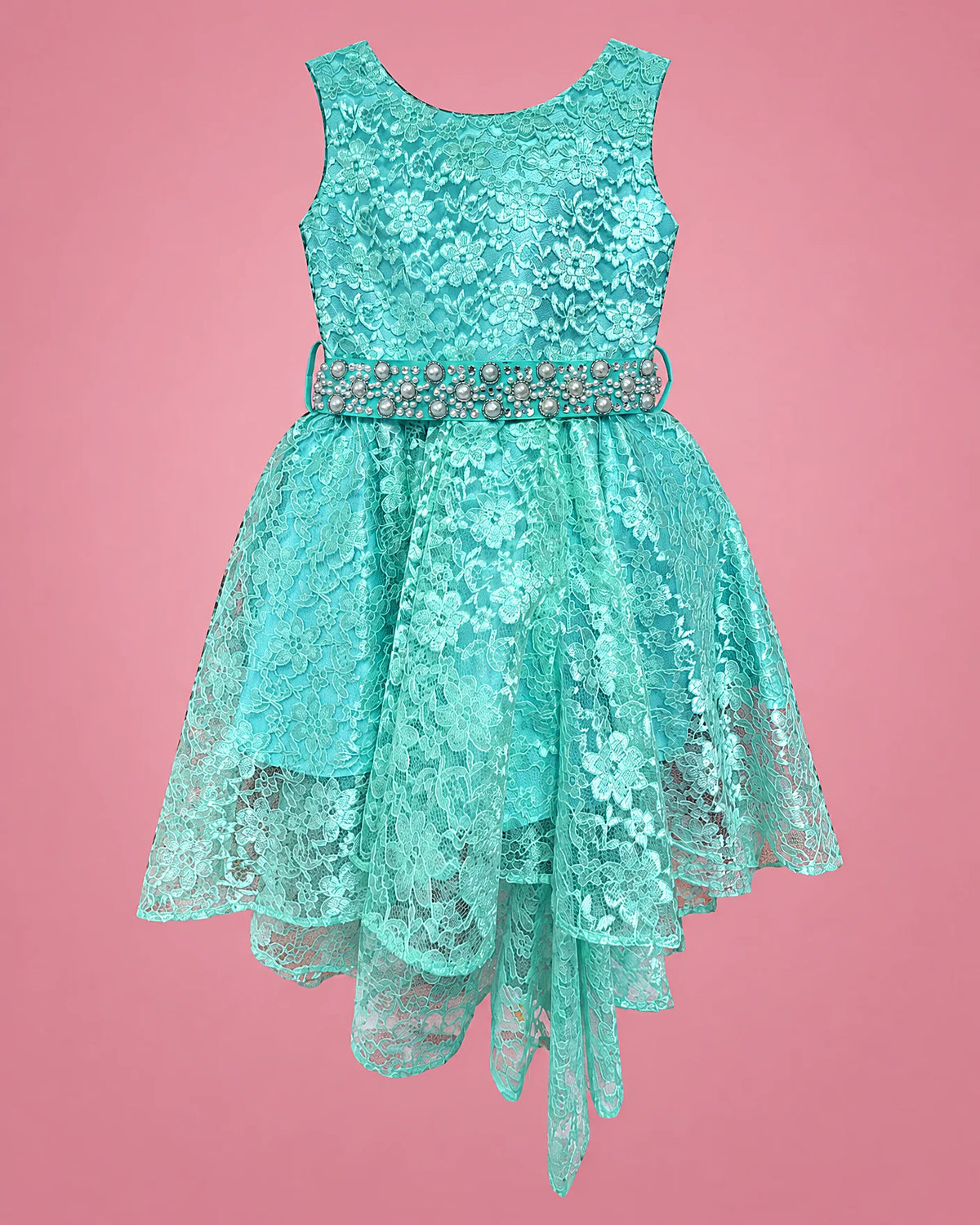 Vestido de encaje aqua con perlas y falda en picos para niña, vista de frente | JR Baby Center