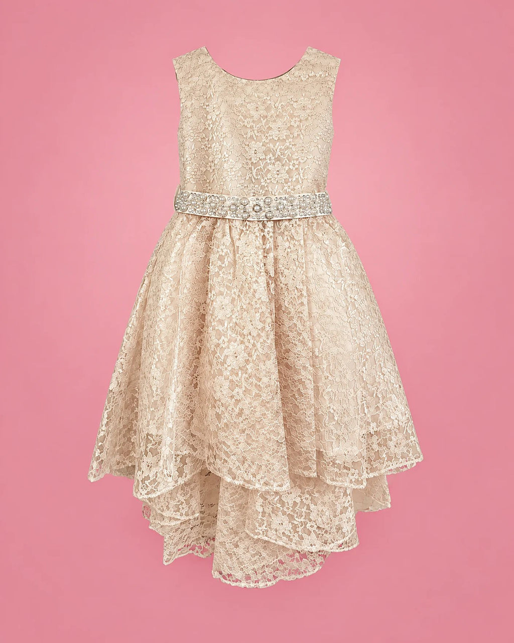 Vestido de encaje champán con cinturón de brillos para niña, vista de frente | JR Baby Center
