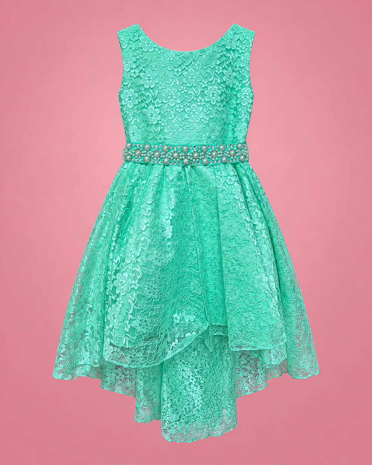 Vestido de encaje verde menta con perlas y falda cruzada para niña, vista de frente | JR Baby Center