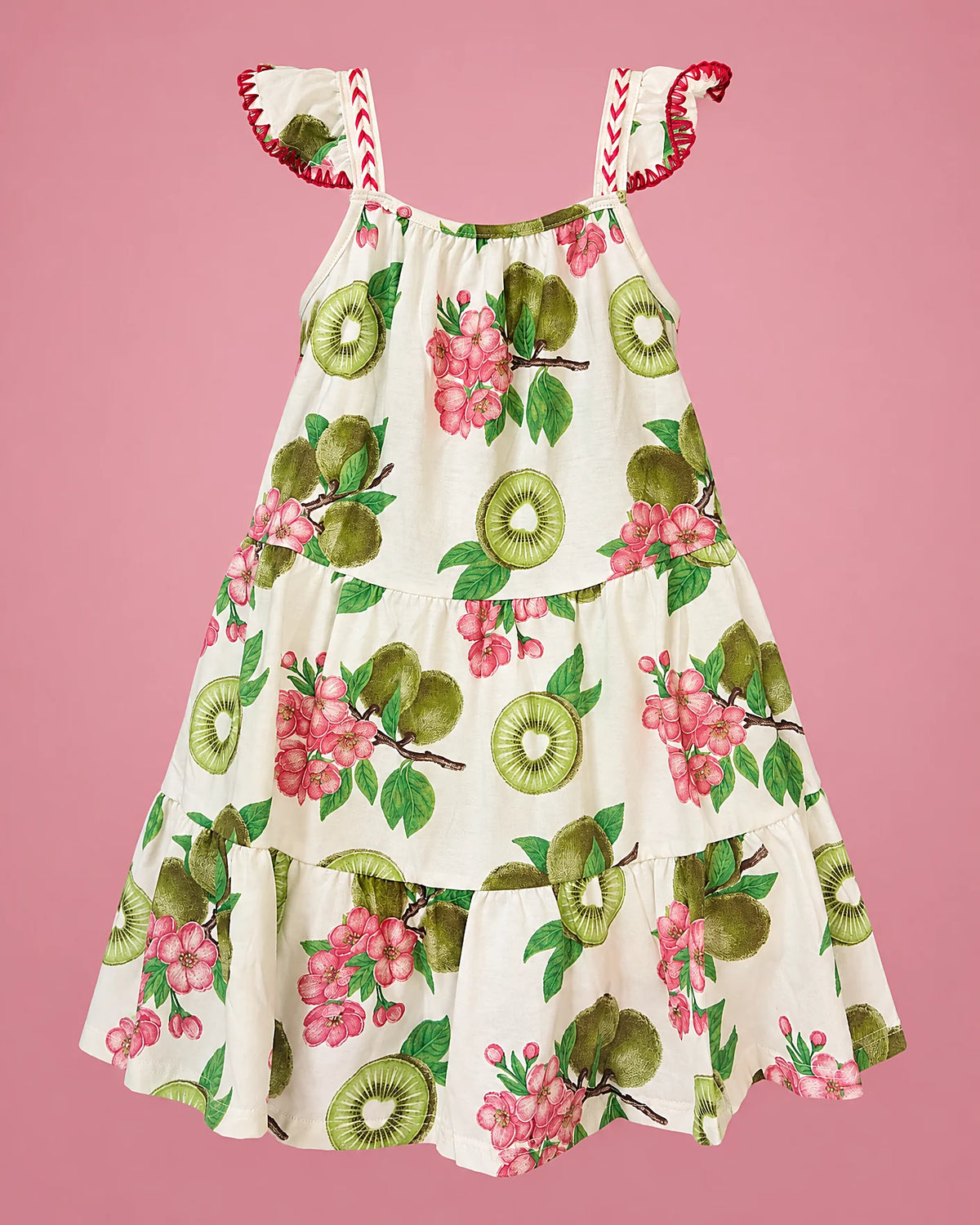 Vestido blanco con kiwis y flores rosadas para niña, vista de espalda | JR Baby Center