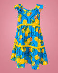Vestido azul con limones y cinta amarilla en capas para niña, vista de frente | JR Baby Center