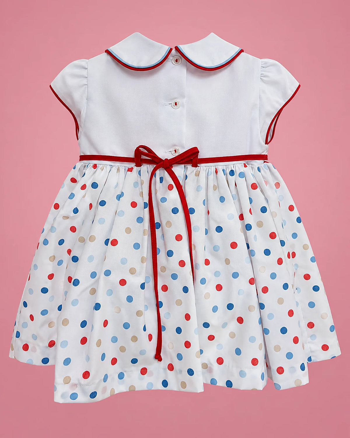 Vestido blanco con lunares de colores y cuello bordado para bebé niña, vista de espalda | JR Baby Center