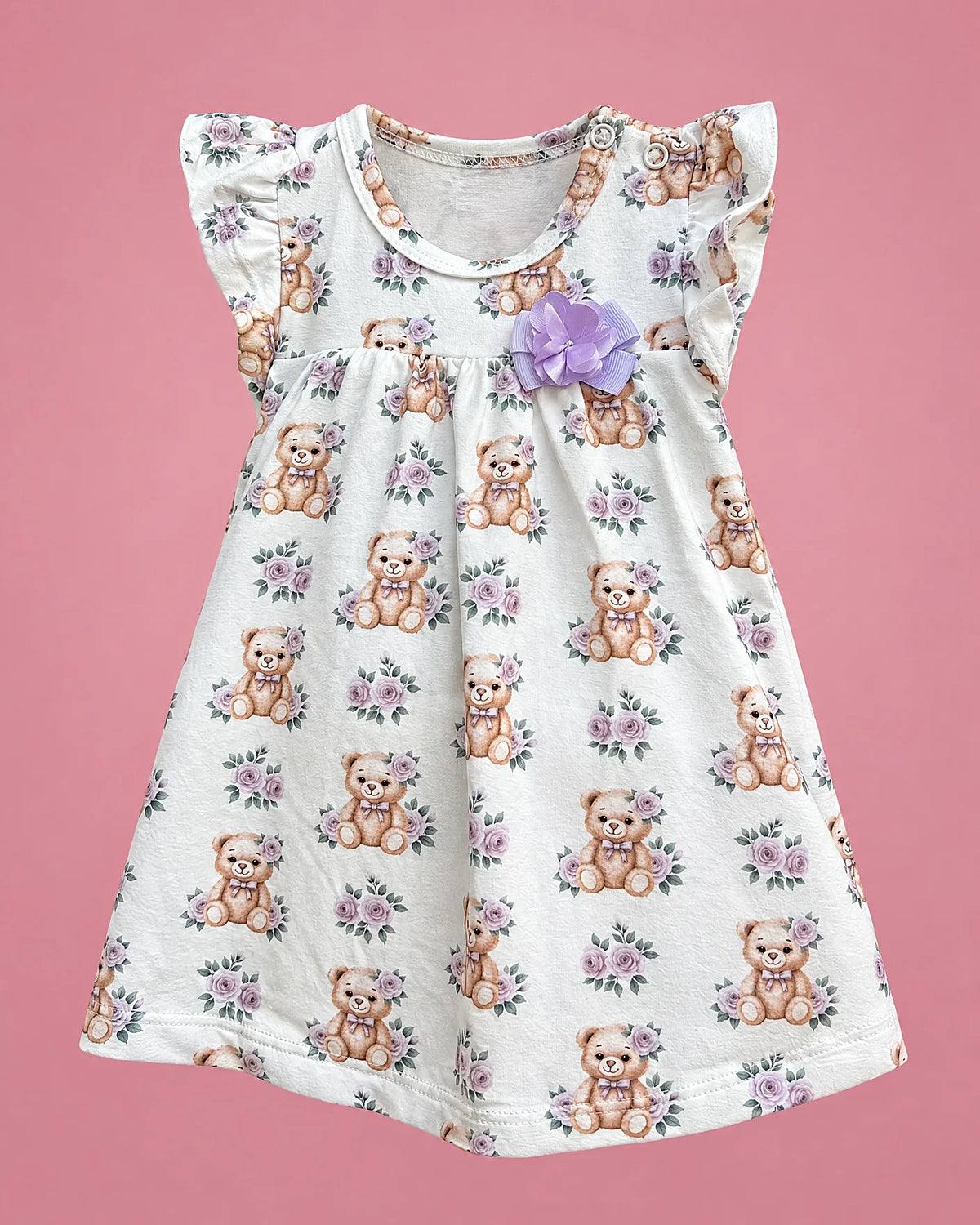 Vestido blanco con ositos y flores lilas para bebé niña, vista de frente | JR Baby Center