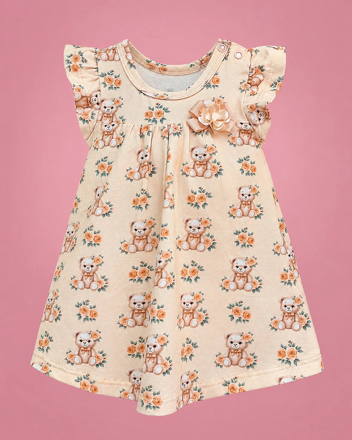 Vestido color melocotón con ositos y flores para bebé niña, vista de frente | JR Baby Center