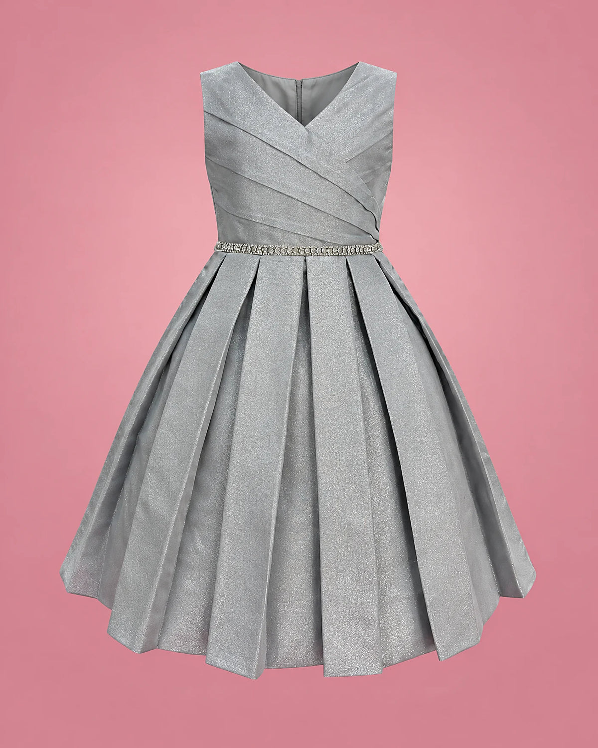 Vestido plateado con brillo para niña, vista de frente | JR Baby Center