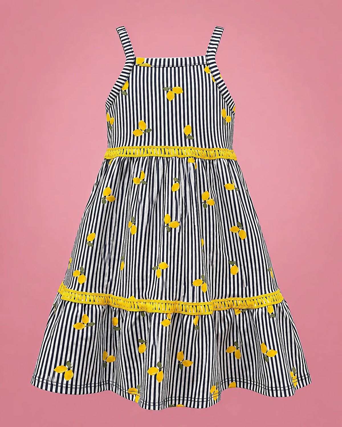 Vestido de rayas azul marino con limones y cinta amarilla para niña, vista de frente | JR Baby Center