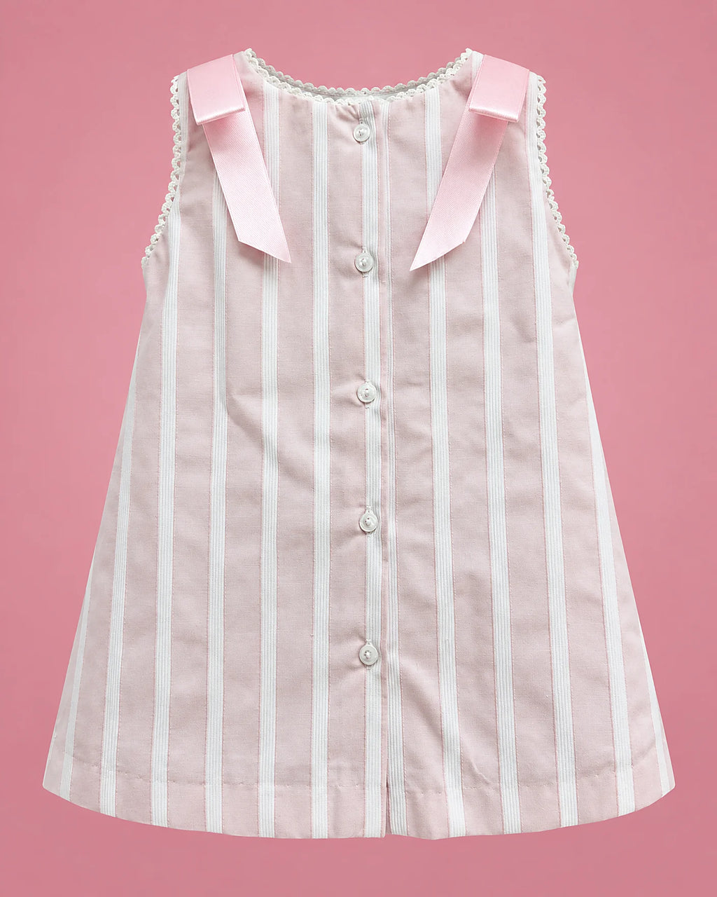 Vestido a rayas rosadas y blancas con cintas rosadas para bebé niña, vista de espalda | JR Baby Center