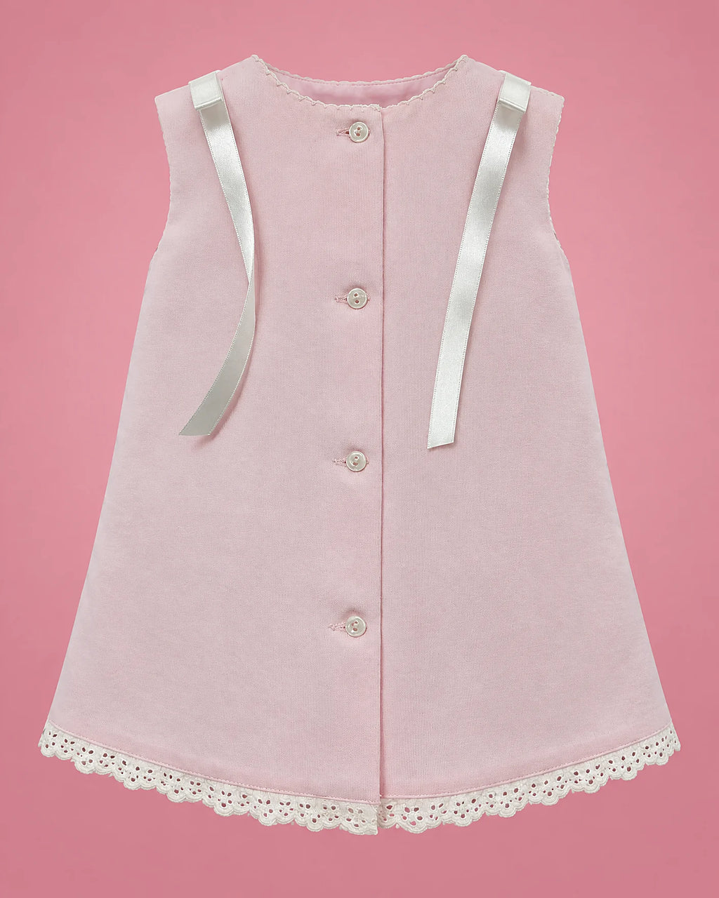 Vestido rosado con flores bordadas y cintas blancas para bebé niña, vista de espalda | JR Baby Center
