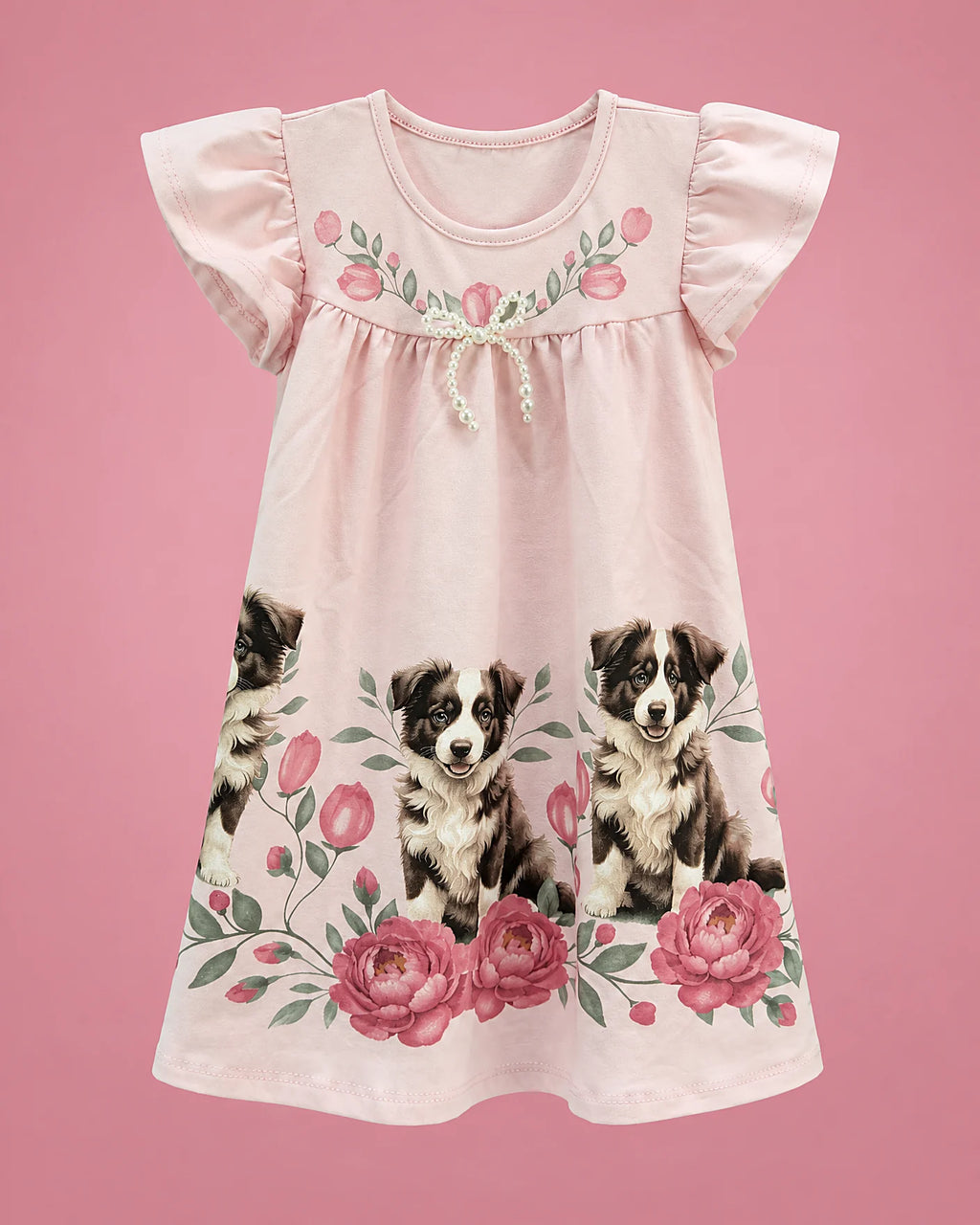 Vestido rosa con perritos y rosas en el borde para niña, vista de frente | JR Baby Center