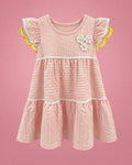 Vestido rosa con textura de rayas, volantes y flores aplicadas para niña, vista de frente | JR Baby Center