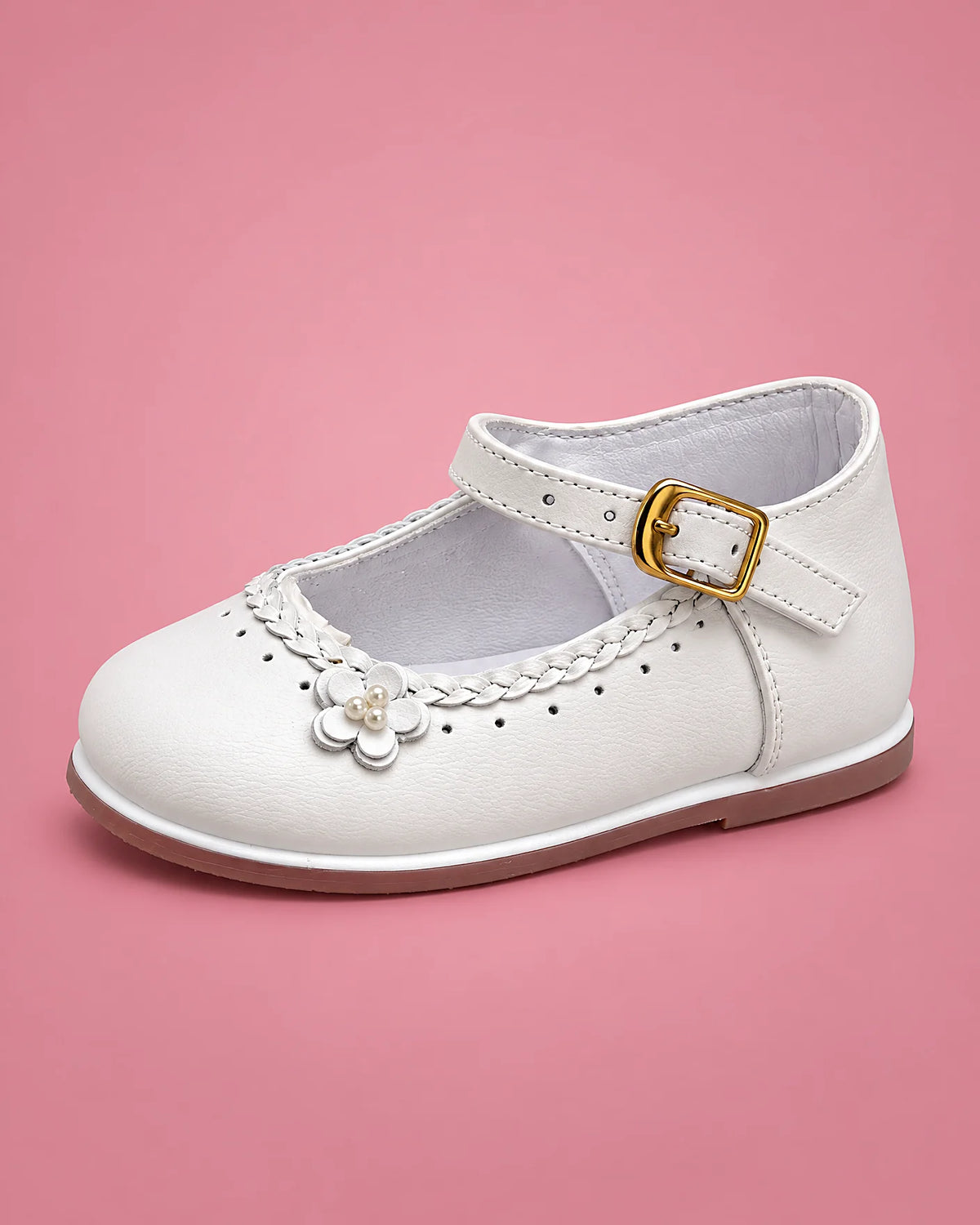 Zapatos de bautizo con trenza para bebé niña, blancos, vista de lado | JR Baby Center