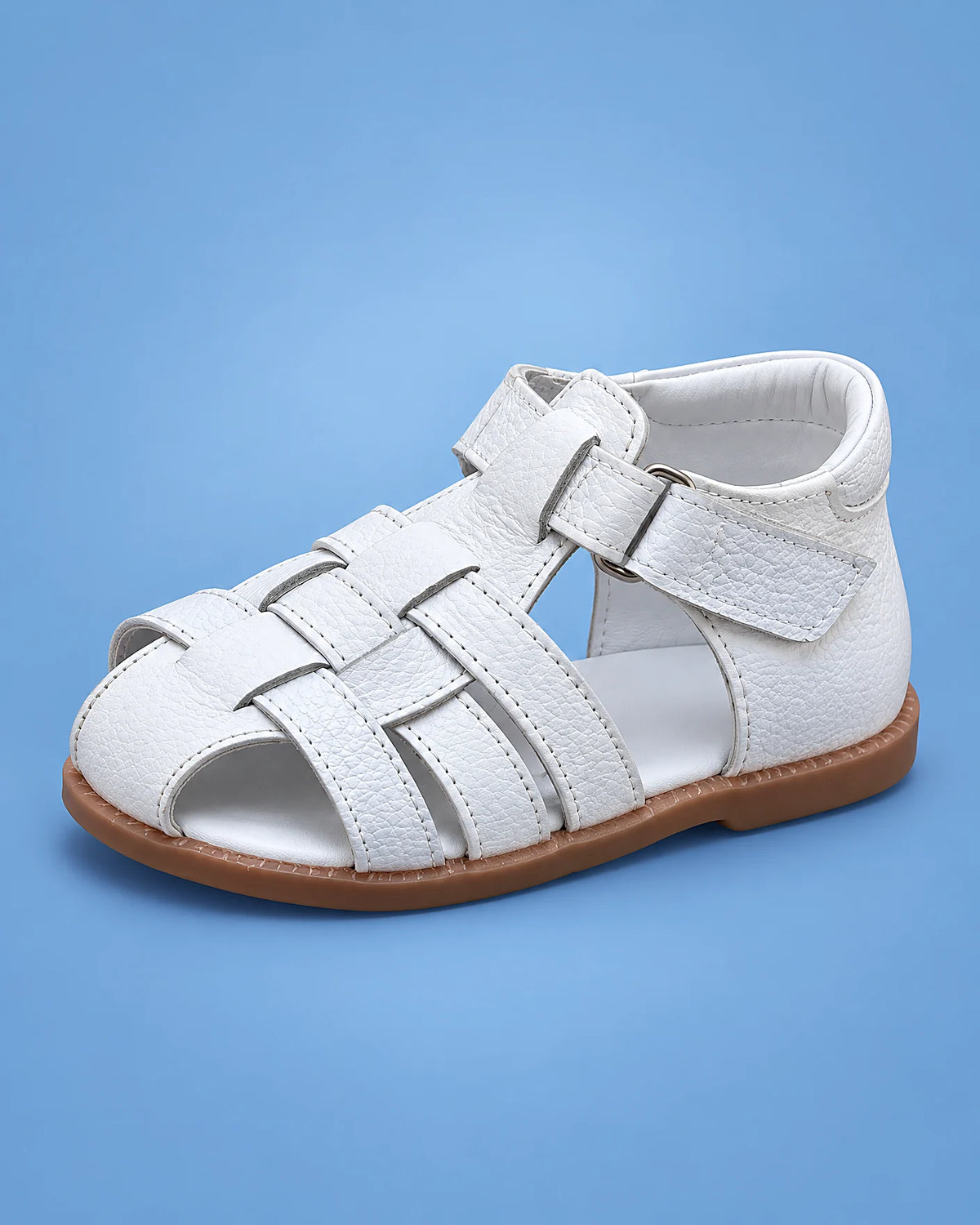 Sandalias de bautizo de tiras para bebé niño, blancos, vista de lado | JR Baby Center